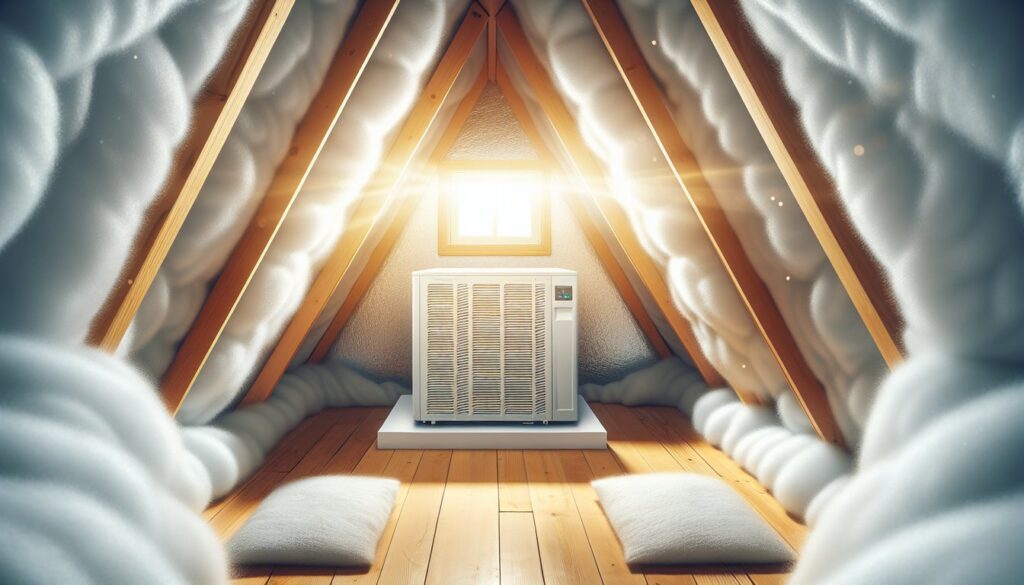 The image features a gleaming, modern HVAC system nestled in a cozy, well-insulated attic, with rays of sunlight filtering through a small window, symbolizing the warmth and energy efficiency it brings to the home.