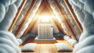 The image features a gleaming, modern HVAC system nestled in a cozy, well-insulated attic, with rays of sunlight filtering through a small window, symbolizing the warmth and energy efficiency it brings to the home.