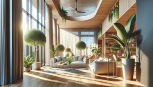 The featured image showcases a beautifully designed, open living space with large, inviting windows that are slightly ajar, allowing a gentle breeze to flow in. The sunlit room filled with lush indoor plants signifies the importance of natural ventilation in enhancing indoor air quality.