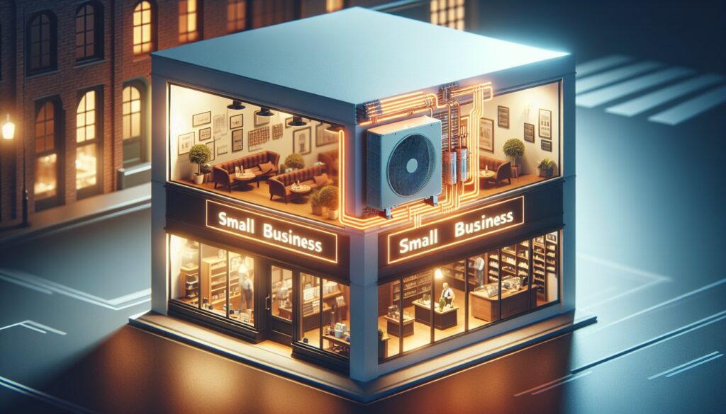 The image captures a small, thriving business shopfront, warmly lit from within, with an HVAC system subtly incorporated into its design, showcasing an atmosphere of comfort and ideal business conditions. The system is functioning seamlessly, hinting its essential role in creating a perfect ambiance for business success.