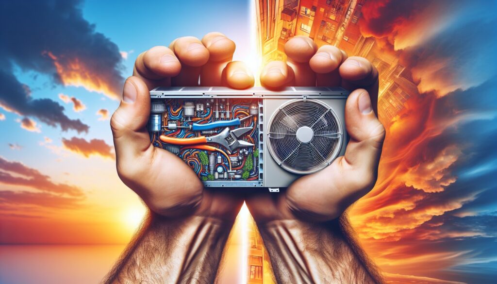 A close-up image of a professional HVAC technician's hands, intricately adjusting the internal components of a modern air conditioning unit, signifying care and expert maintenance. The background subtly transitions from a vivid summer sunlight to a cool autumn breeze, representing the change of seasons.