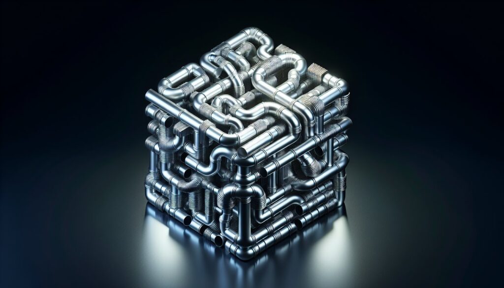 The image captivatingly displays a sleek, intricate network of shiny silver ductwork, illuminating the dark background, hinting at the ingenious design that optimizes airflow efficiency within a household or industry.