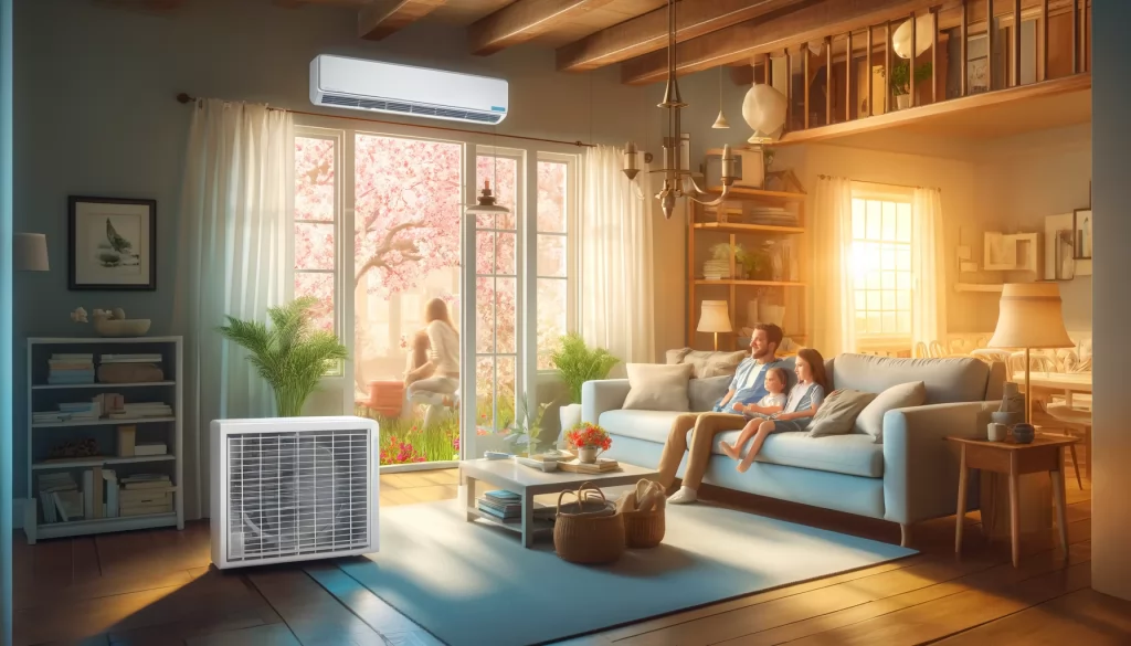 spring hvac maintenance and family sitting in living room enjoying the fresh air