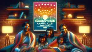 The image portrays a warmly lit, cozy living room with a family happily enjoying a movie together, emphasizing the perfect indoor temperature maintained by Neal's Comfort Club Annual Membership.