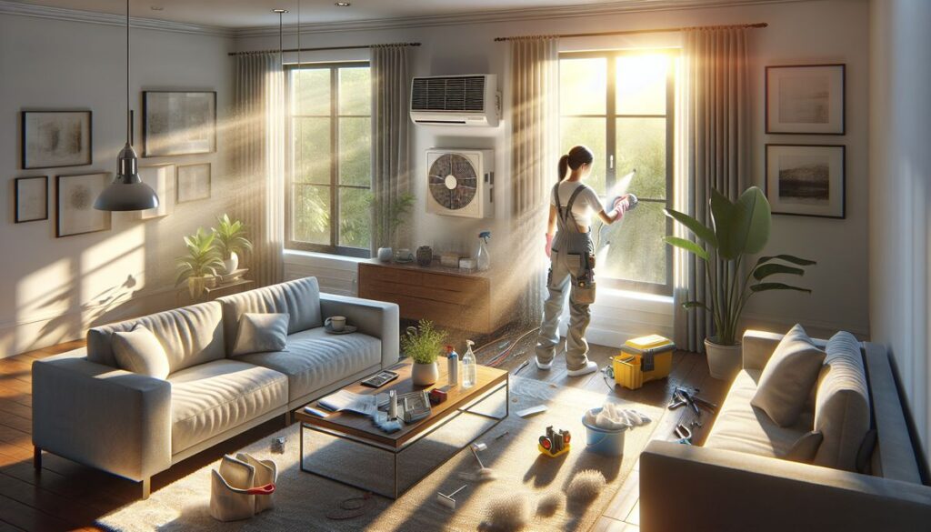 lady standing inside living room showing indoor air quality and hvac maintenance