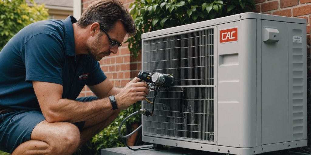 Technician fixing air conditioning unit outside a Lafayette home.