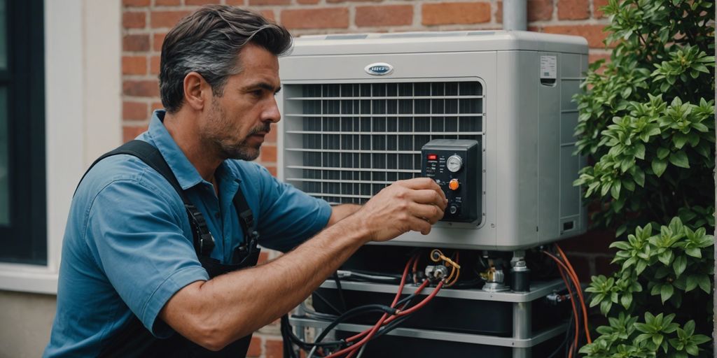 Technician repairing outdoor air conditioning unit in Ooltewah.