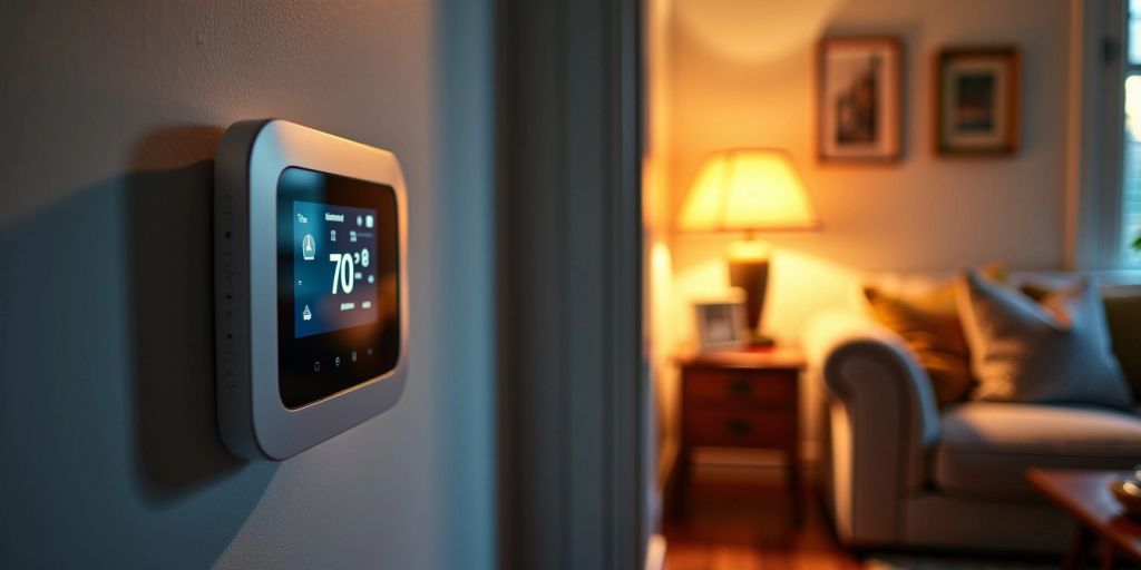 Programmable thermostat in a cozy home environment.