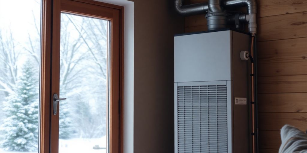 Warm home with modern HVAC system and falling snow.