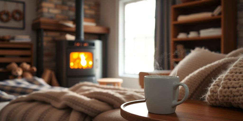Cozy living room with a furnace and warm atmosphere.