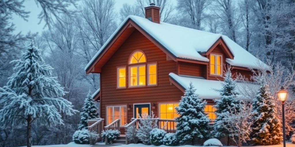 Cozy winter home with warm lights and snow.