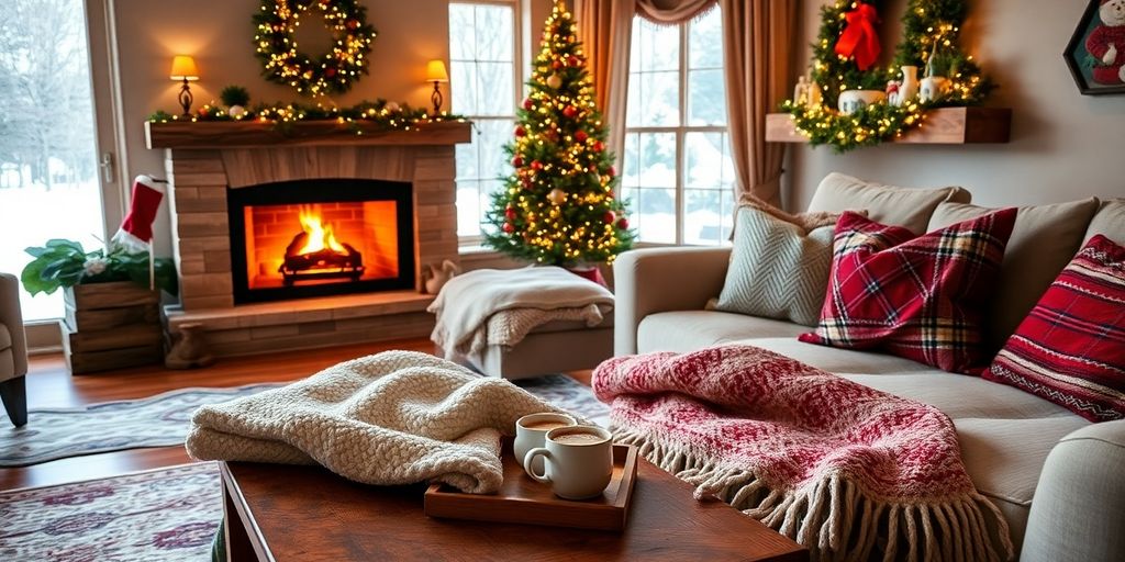 Cozy living room with fireplace and holiday decorations.