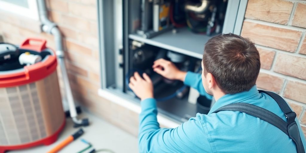Technician inspecting HVAC system with tools in hand.