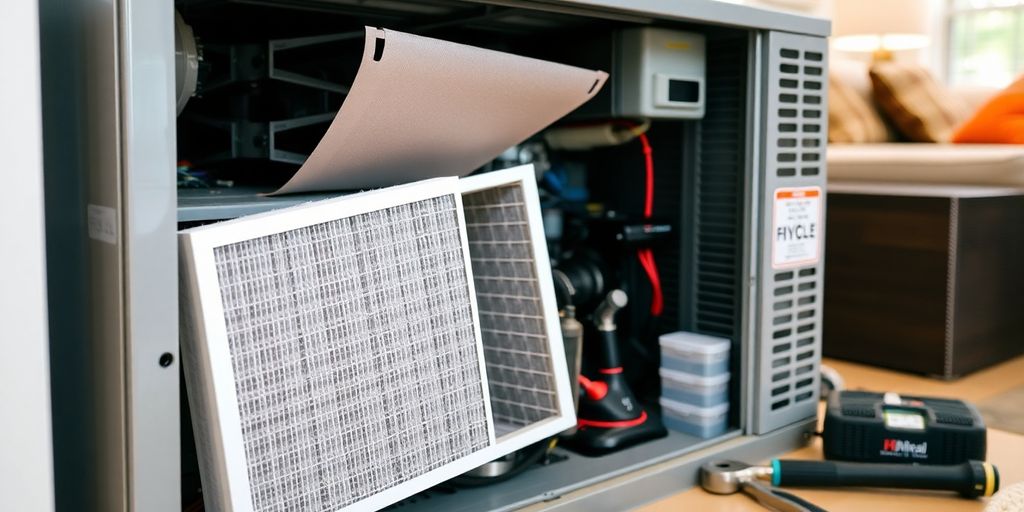 Clean HVAC unit with tools in a home setting.