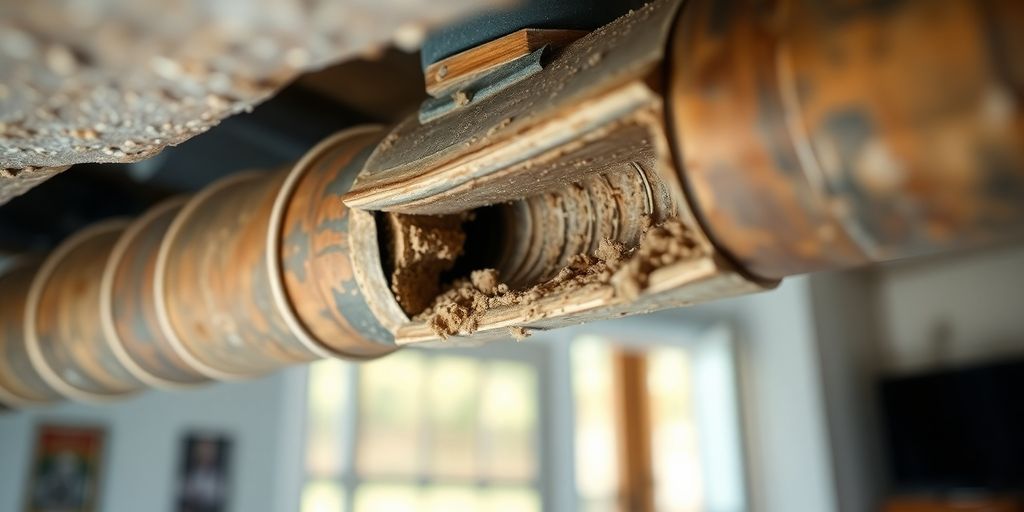 Damaged ductwork showing gaps and dirt buildup.
