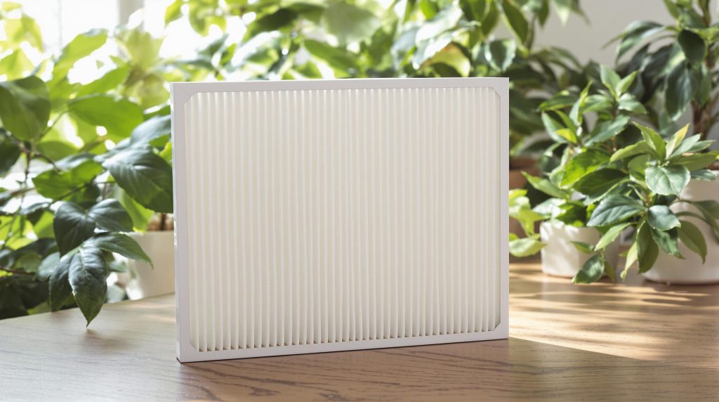 Clean HVAC filter on a table with green plants.