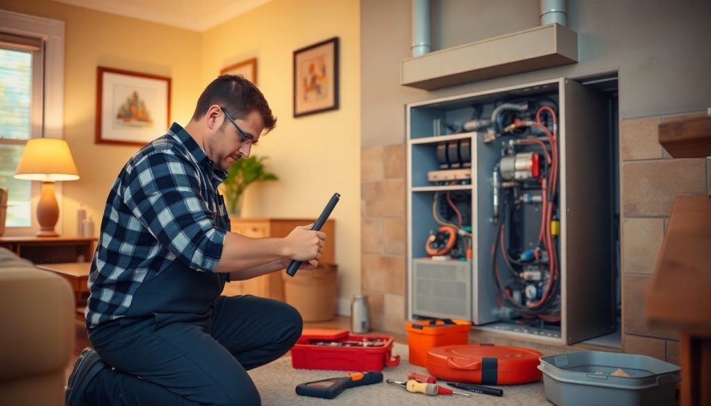 Technician repairing home heating system in Calhoun.