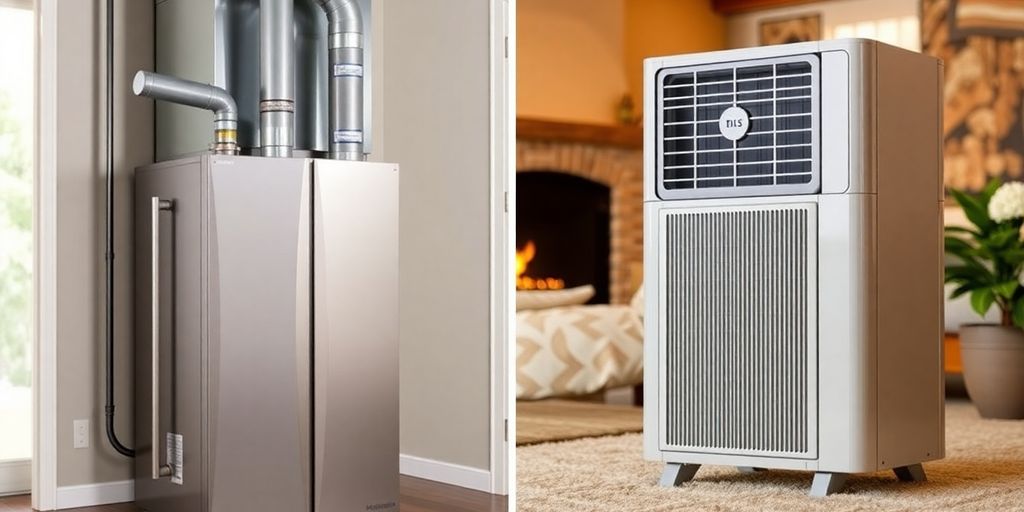 Furnace and heat pump side-by-side in a home setting.