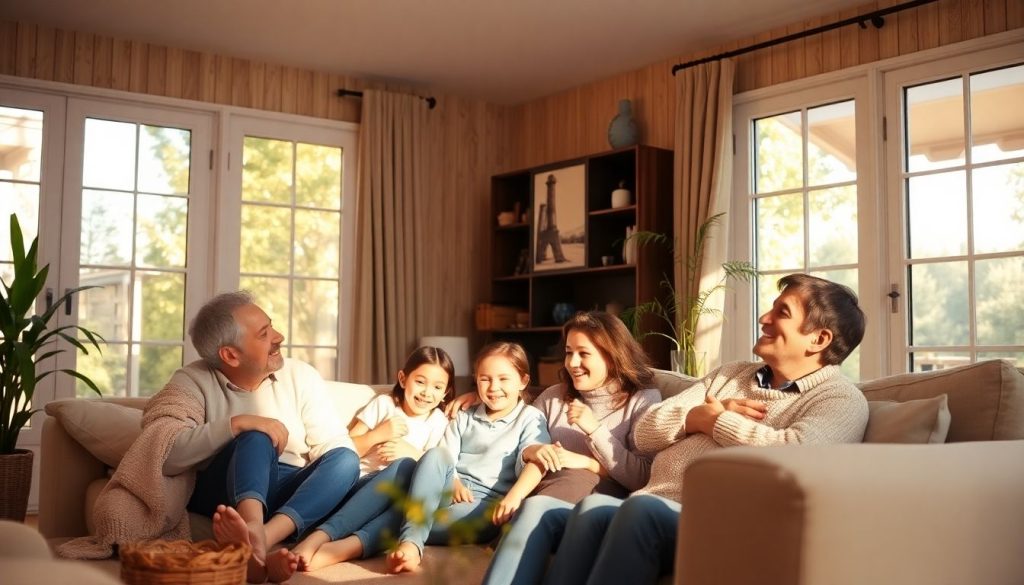 Family enjoying warmth in a cozy, sunlit living room.