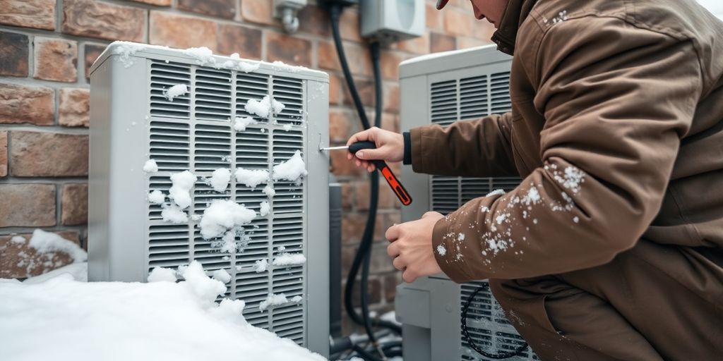 Technician inspecting HVAC unit in winter snow.