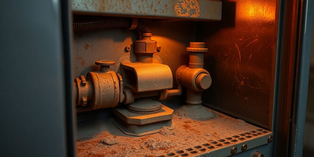 Close-up of a worn-out furnace needing repair.