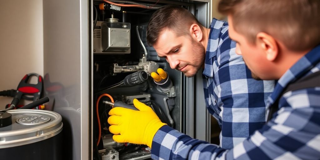 Technician performing emergency repair on a furnace.
