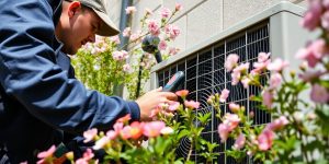 Technician servicing HVAC system outdoors in spring.