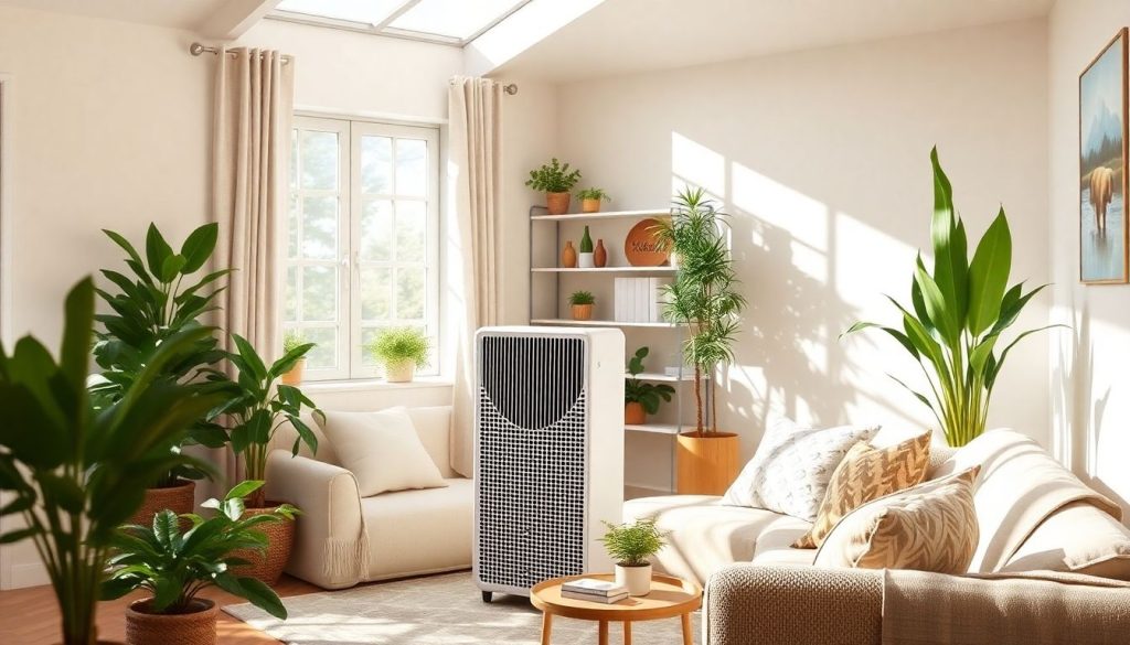 Cozy living room with an air purifier and indoor plants.