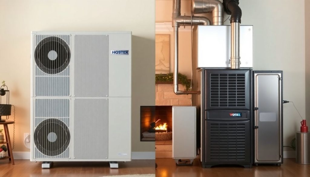 Heat pump and furnace side by side in a home.