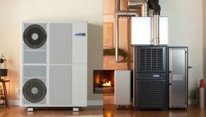 Heat pump and furnace side by side in a home.