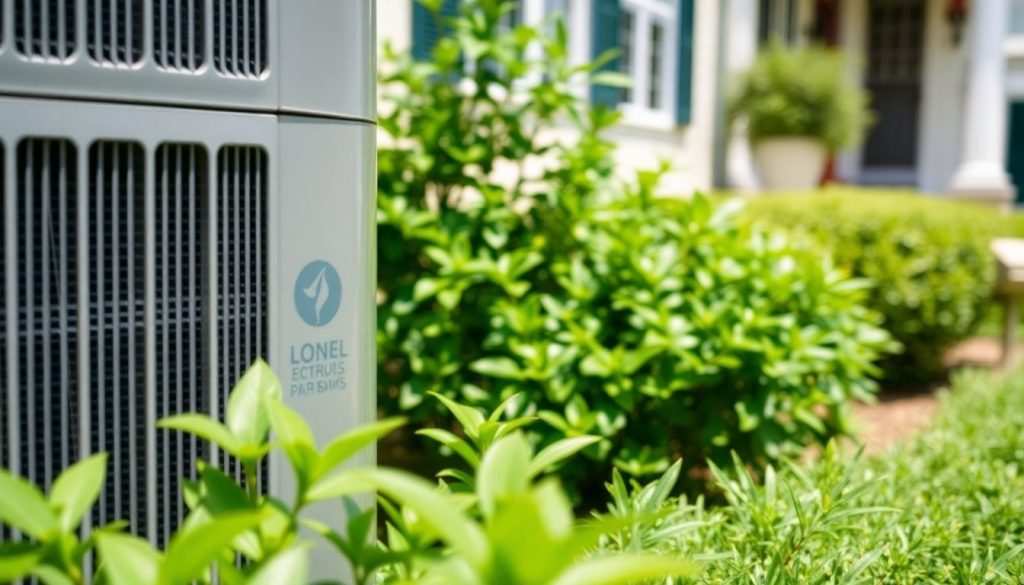 Air conditioning unit in a green garden setting.