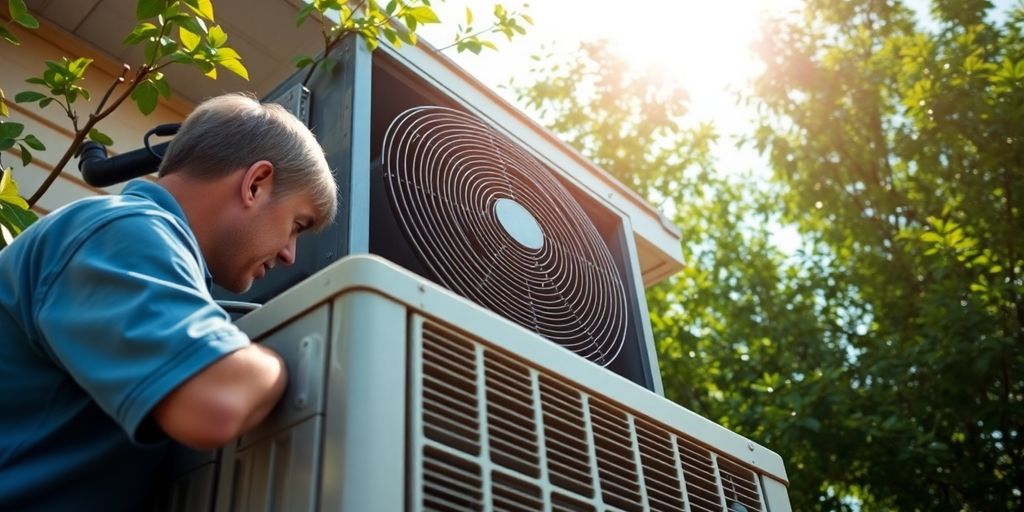 Technician inspecting an air conditioning unit outdoors.