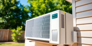 Energy-efficient air conditioner in a sunny LaFayette backyard.