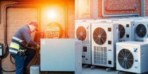 HVAC unit with repair worker and replacement options.