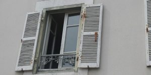 two windows with shutters open on a building