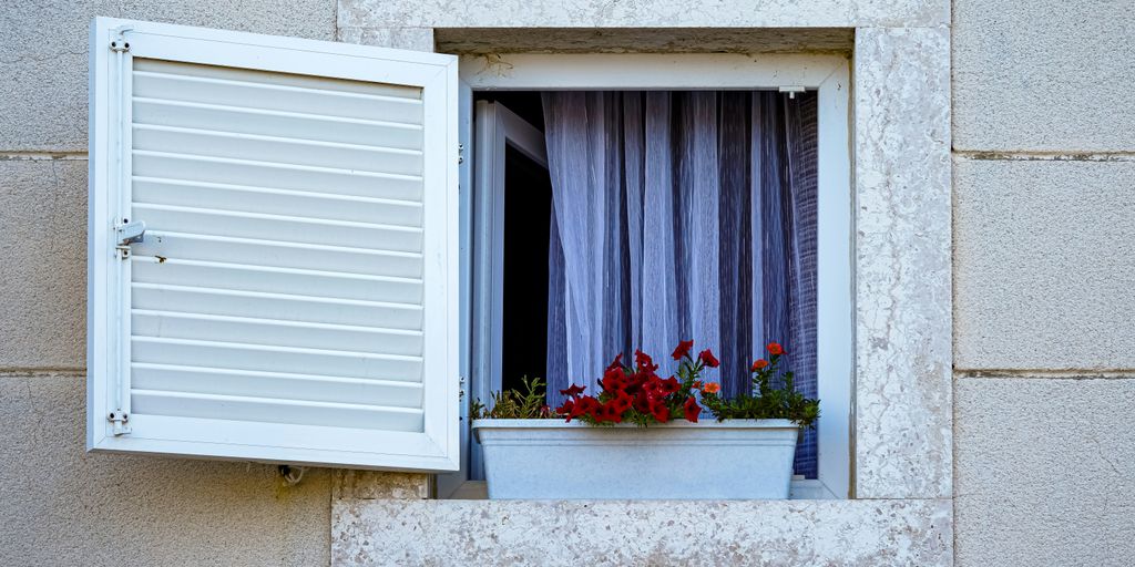 A window with a flower box and curtains