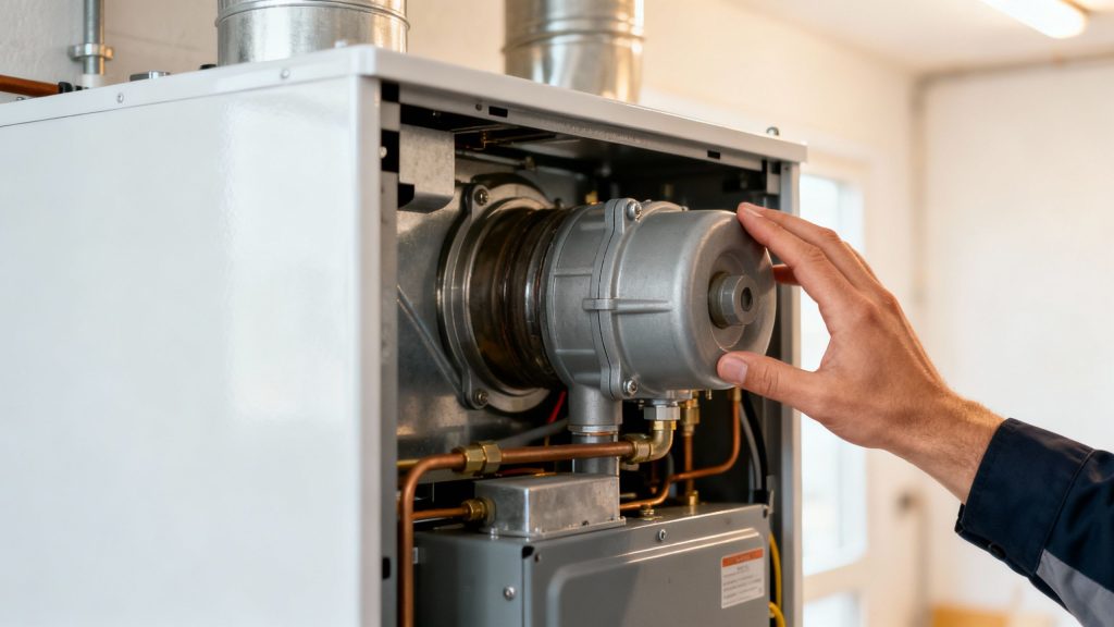 Close-up of a furnace interior, ready for maintenance.