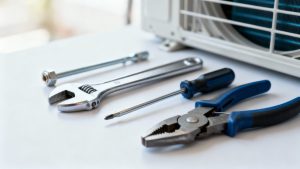 Tools for HVAC maintenance laid out for a checklist.