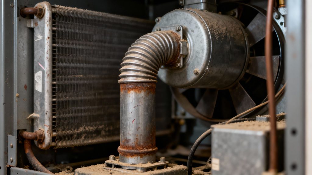 Close-up of a furnace's internal mechanical parts.