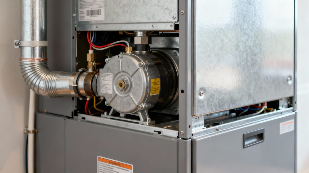 Close-up of a home furnace unit with visible components.