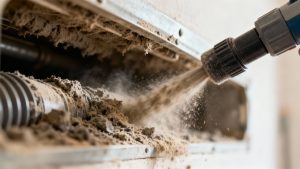 Professional cleaning of dusty air ducts before winter.