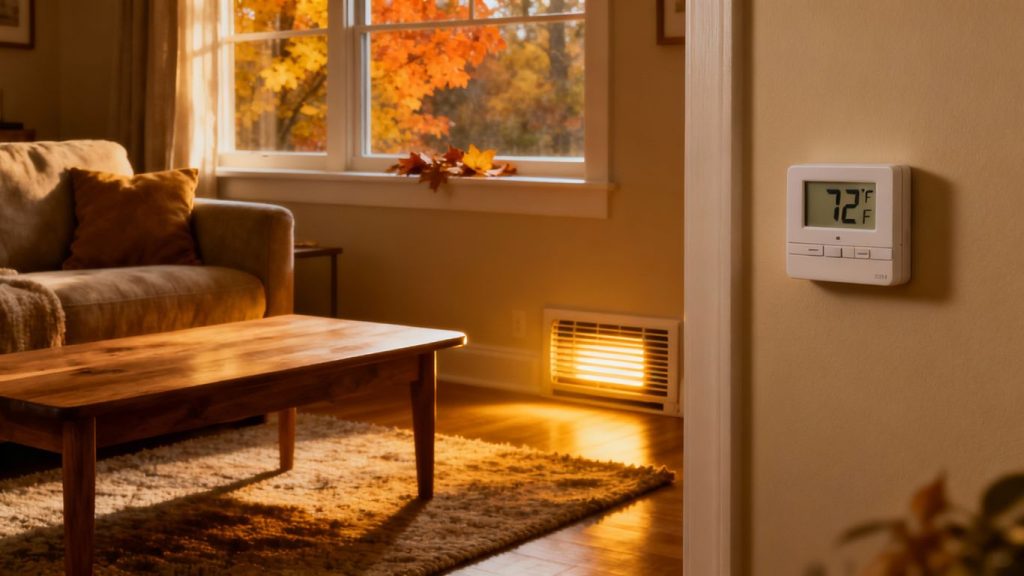 Cozy living room with thermostat and heating vent.