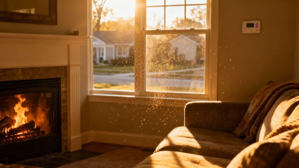 Cozy living room with fireplace and sunlight.
