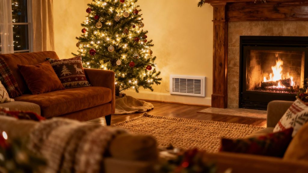 Cozy living room with Christmas tree and HVAC vent.
