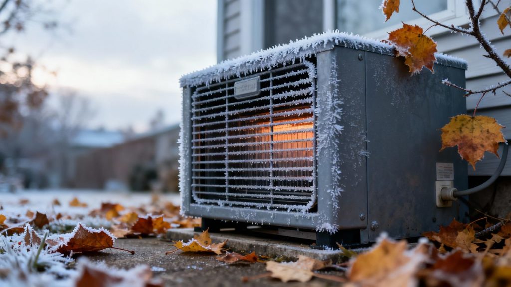 Furnace with frost, autumn leaves, cold weather home heating problem.