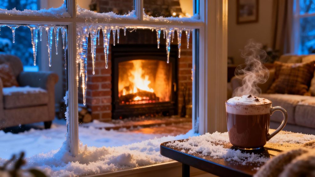 Home interior with fireplace, snow outside.