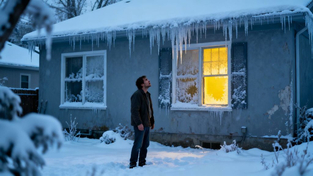 Winter home with frost and icicles, homeowner concerned.