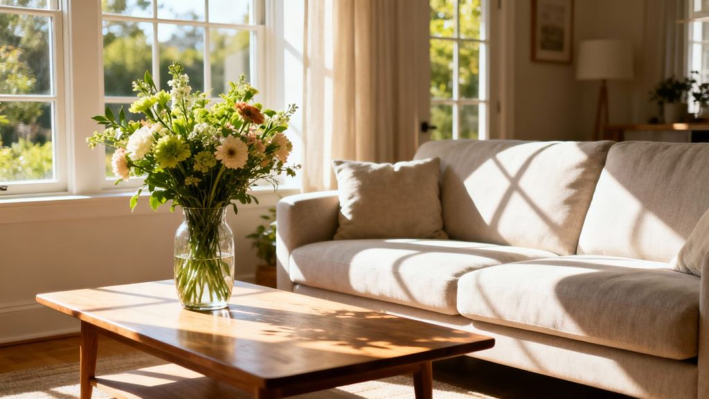 Cozy living room with sunlight and fresh flowers.