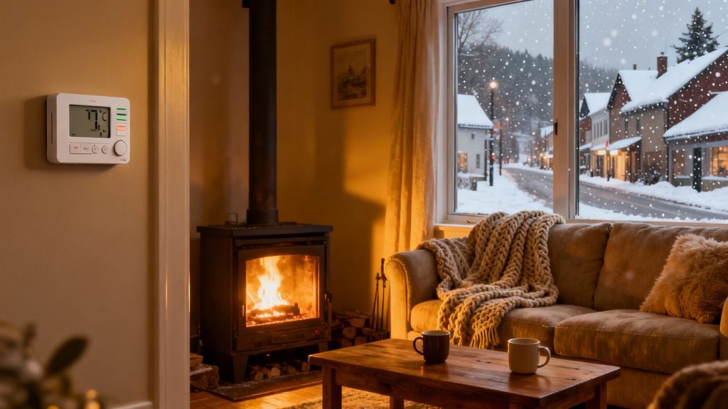 Cozy home interior with snow outside, highlighting HVAC importance.