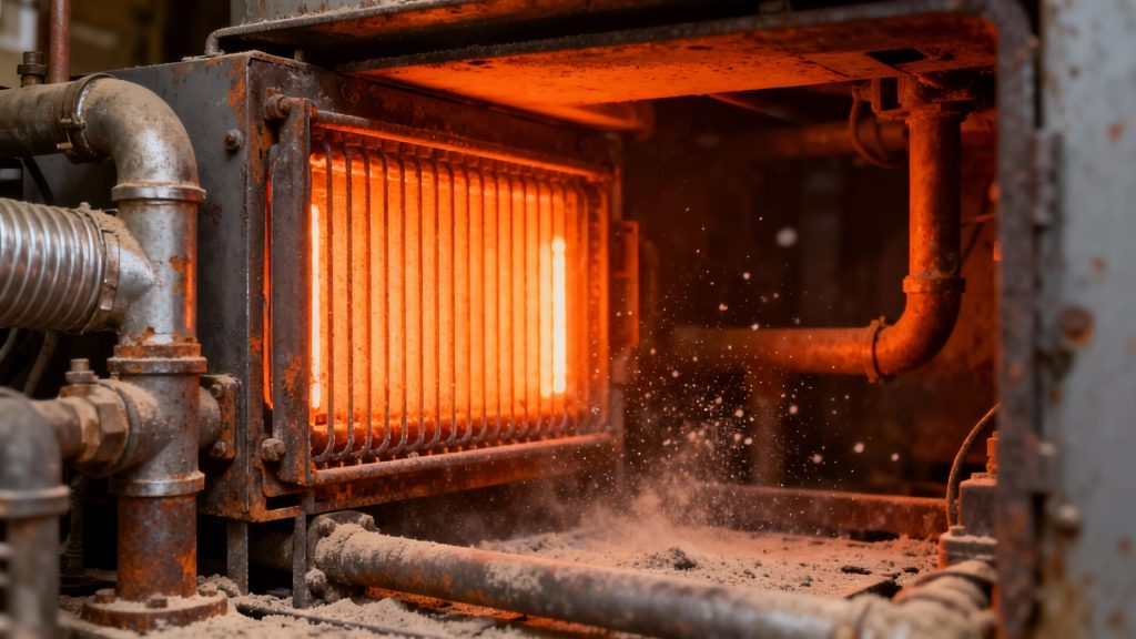 Close-up of furnace interior with glowing heat exchanger and ductwork.